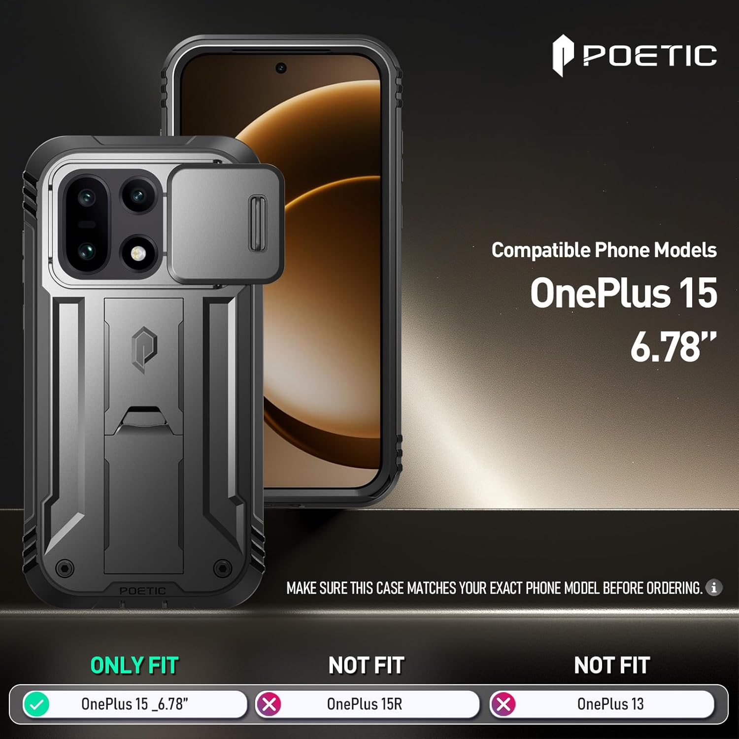 Poetic Revolution Case for Oneplus 15 5G, | Slide Camera Cover | 2 Tempered Glass Screen Protector | 20FT Mil-Grade Drop Tested | Full-Body Rugged Dual-Layer Shockproof Case with Kickstand, Black - Light Blue image number 7