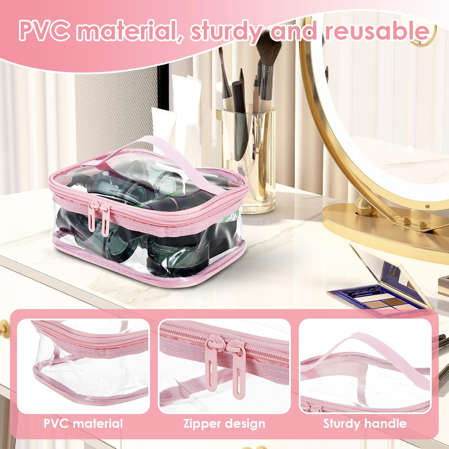 Makeup Bag Clear Toiletry Bag Travel Essentials Cosmetic Bag for Women Portable Traveling Carry on Airport Airline Compliant Bag (Pink) image number 3