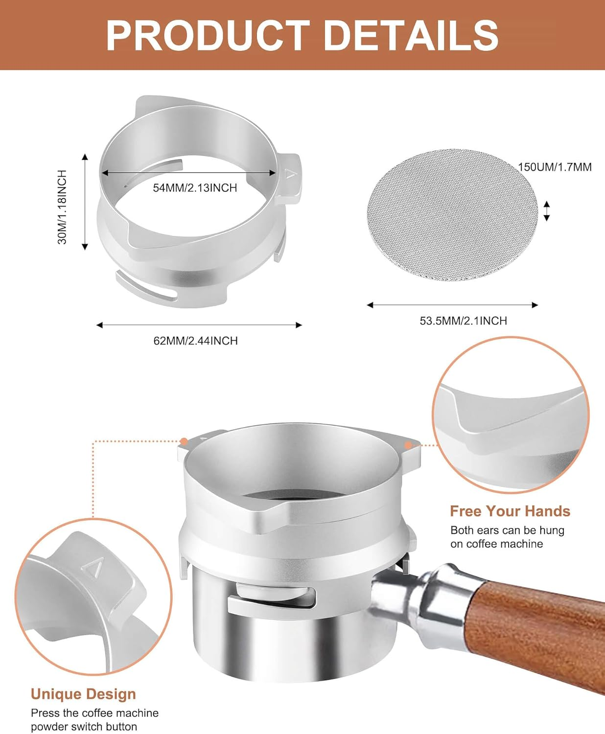 Vomika 54Mm Coffee Dosing Funnel, Hands-Free Aluminum Dosing Ring & 53.5Mm Stainless Steel Puck Screen, Espresso Accessories Suitable for 54Mm Breville Barista Portafilters, with Grinding Trigger image number 4