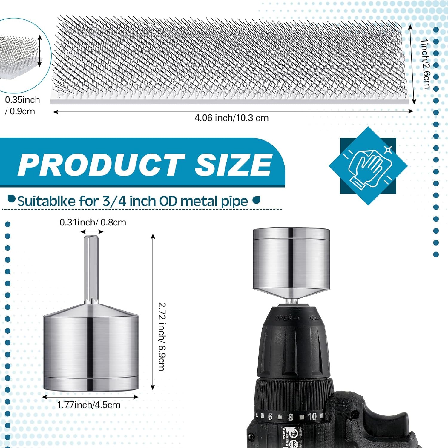 Tandefio 3/4" Metal Copper Pipe Cleaner with 2 Replaceable Brushes Tube Cleaning Brush for Power Drill for Professional Plumbers and Industrial Purposes image number 4