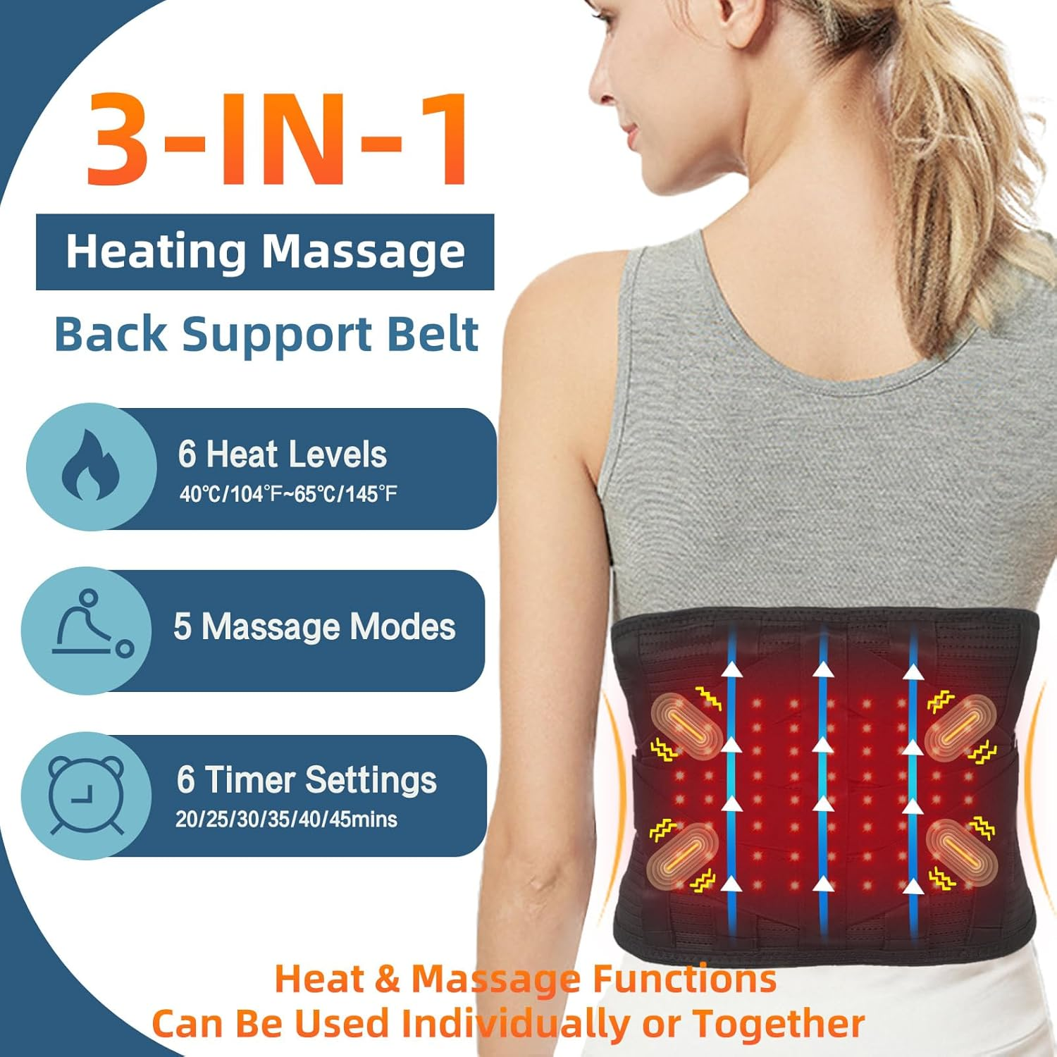HONGJING Heating Massage Back Brace for Lower Back Pain Relief, Rechargeable Lunbar Support Belt with Heating and Massaging for Herniated Disc, Scoliosis, Sciatica M) image number 2