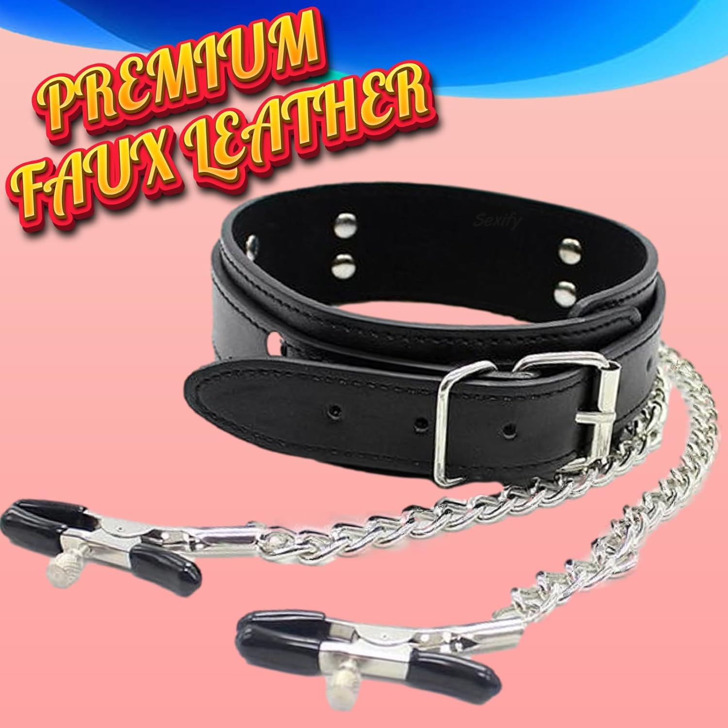 Bondage Collar Necklace with Nipple Clamps PU Faux Leather Collar Harness with Choker Metal Chains BDSM Bondage Sex Restraints Fetish Collar SM Adjustable Clips Slave Collar Fetish Slave Sex Toy Cosplay, Couples Sex Toys image number 4