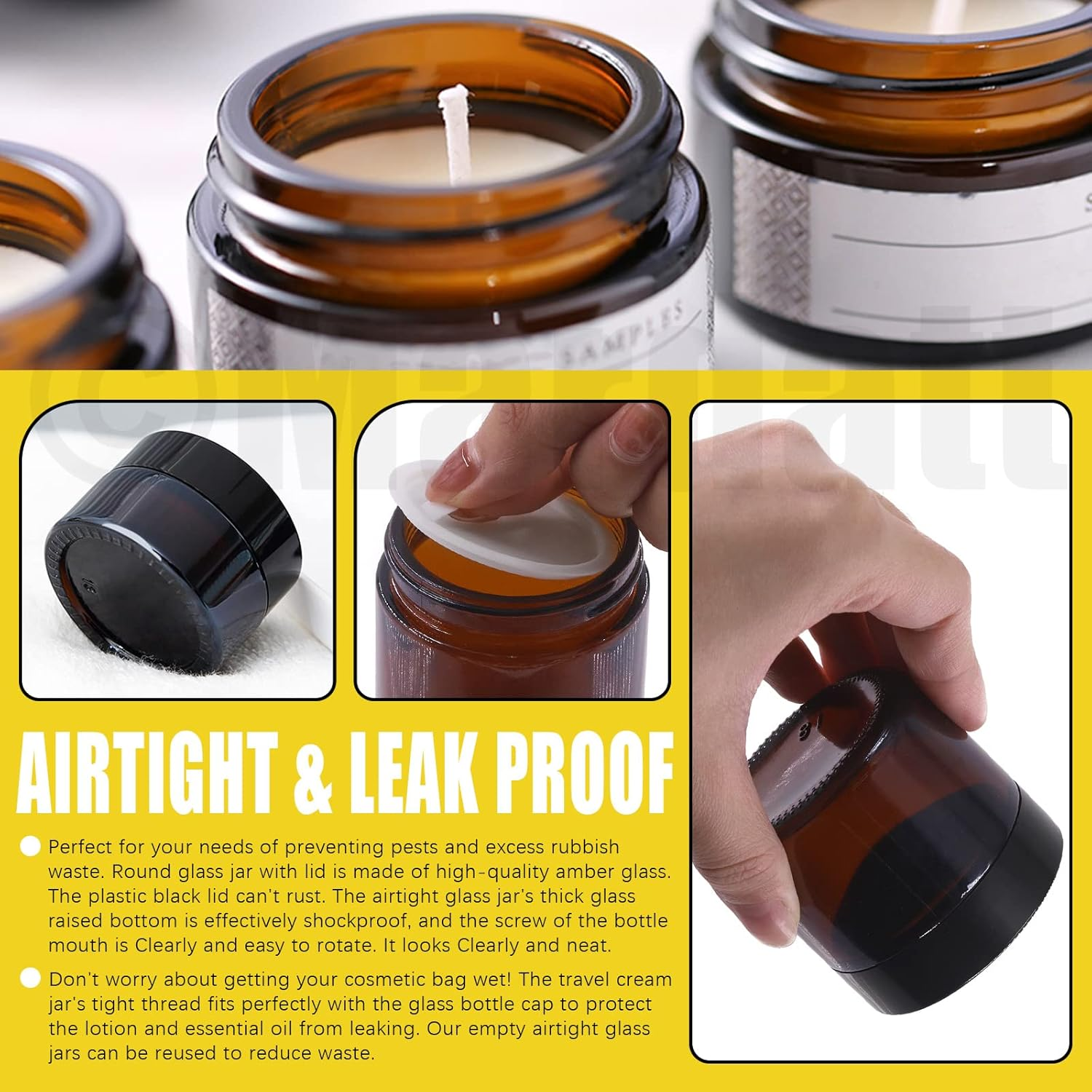 15PCS round Amber Glass Jars, 1/1.7/2 OZ Mason Jar Amber Cosmetic Containers with Spoons and Black Lids, Glass Candle Jars for Storing Lip and Cream Lotion image number 2