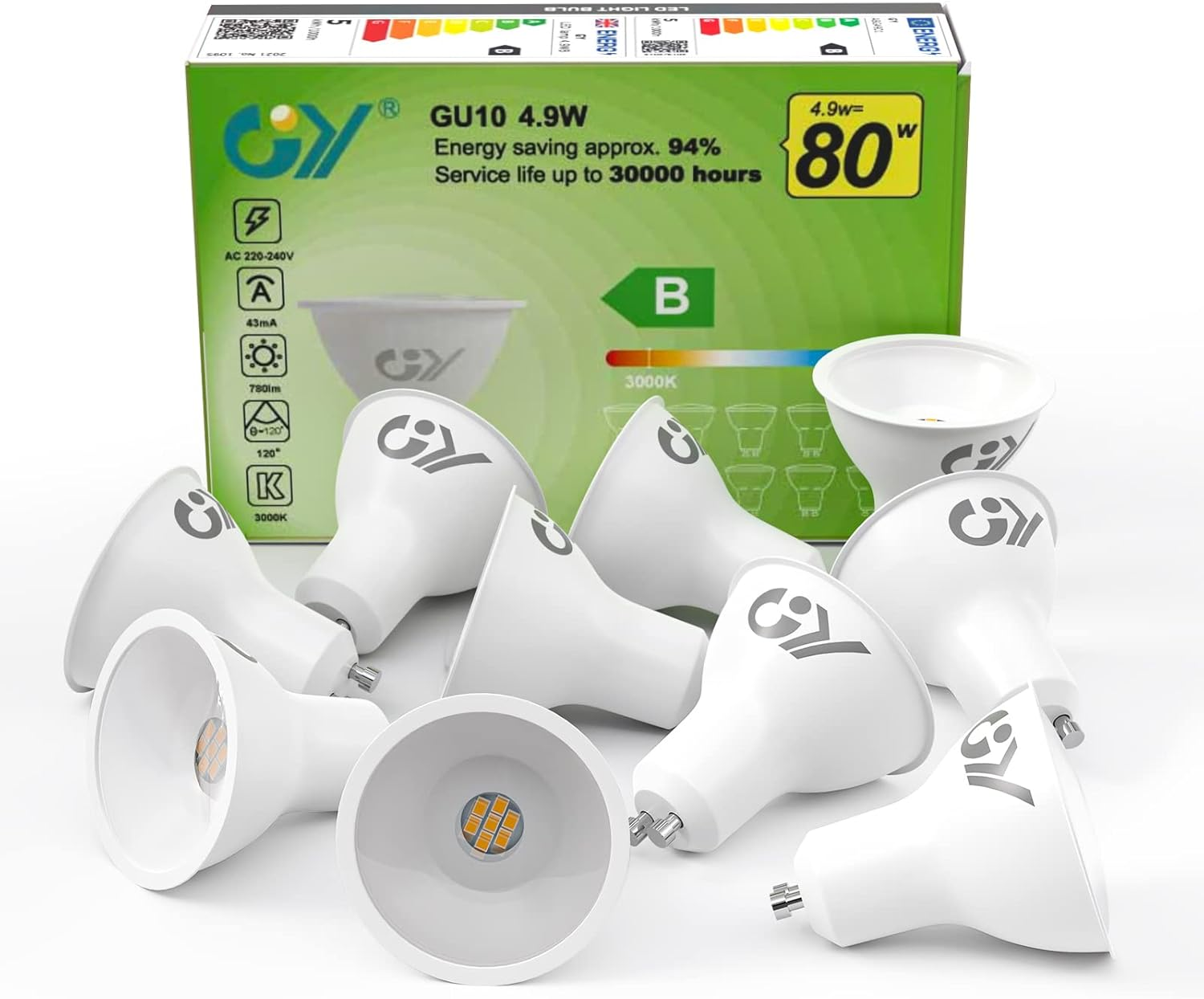GY GU10 LED Bulb 4.9W 790Lm Cool White 6500K Energy Saving LED Bulb, Energy Efficiency Class B Replaces 80W, 110&deg;Beam Angle Non-Dimmable, 10 Pack