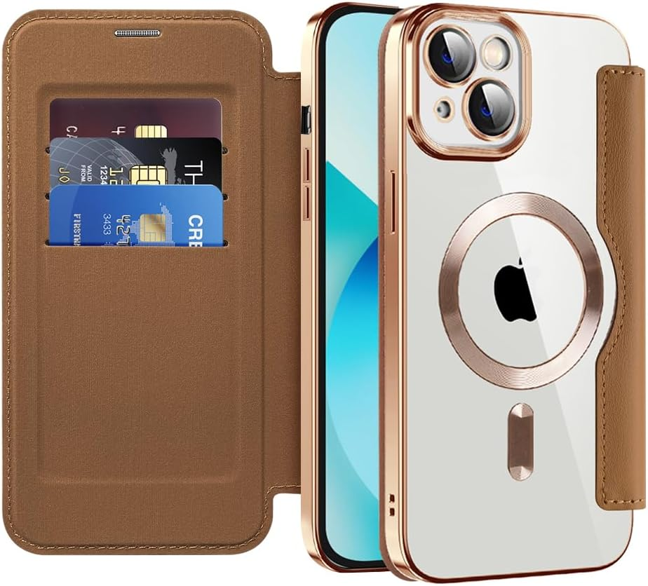 QIWEIQING Magnetic Case for Iphone 13 Pro Max, Compatible with Magsafe, PU Leather Flip Wallet with Card Slot, Transparent Back Mobile Phone Case for Iphone 13 Pro Max, Black JDC