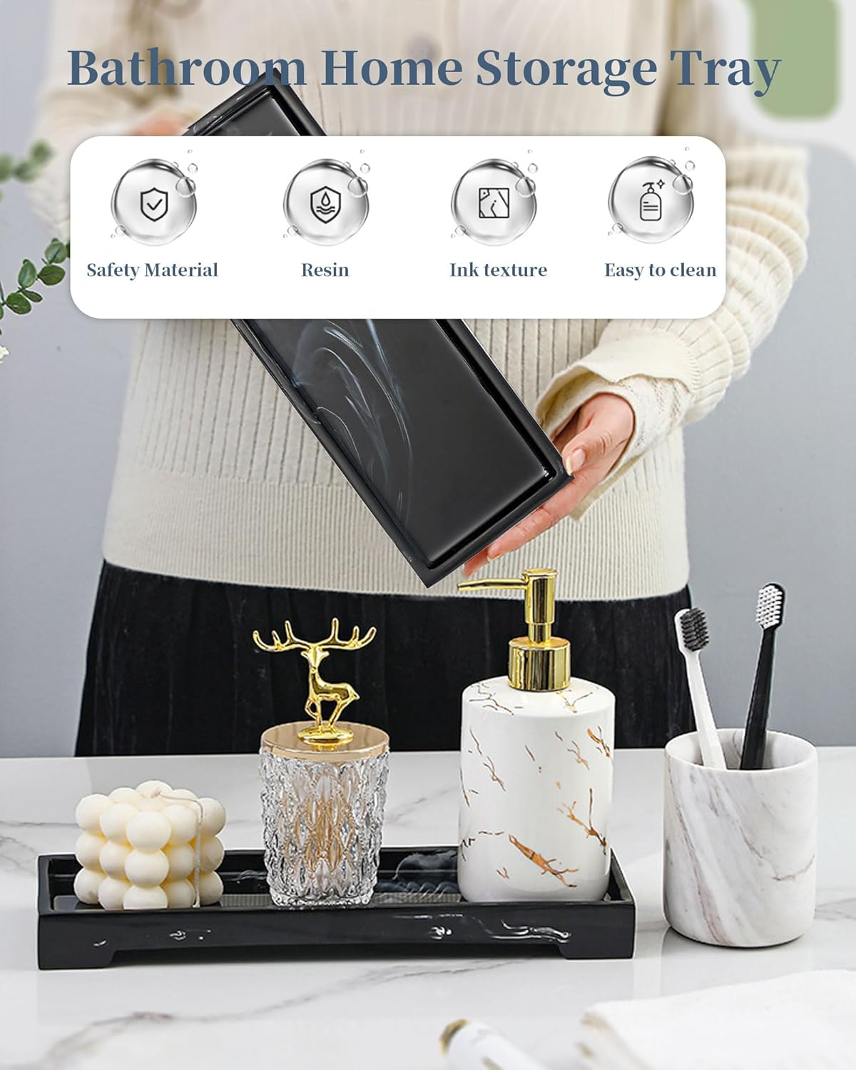 Marble Resin Bathroom Vanity Tray 11.22X 4.13 Inch Rectangle Black Organizer Tray for Soap Dispenser, Perfume, Jewelry, Toilet Tank & Kitchen Sink Storage Tray image number 4