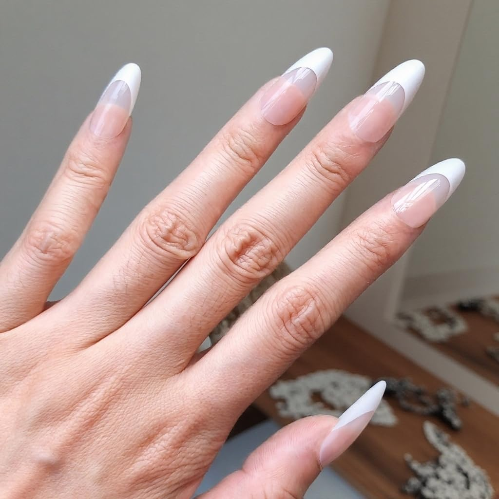 SLSXNL French Tip Press on Nails Almond Pink Stick on Nails Reusable 24Pcs 12 Sizes Fake Nail Art Semi-Transparent image number 1