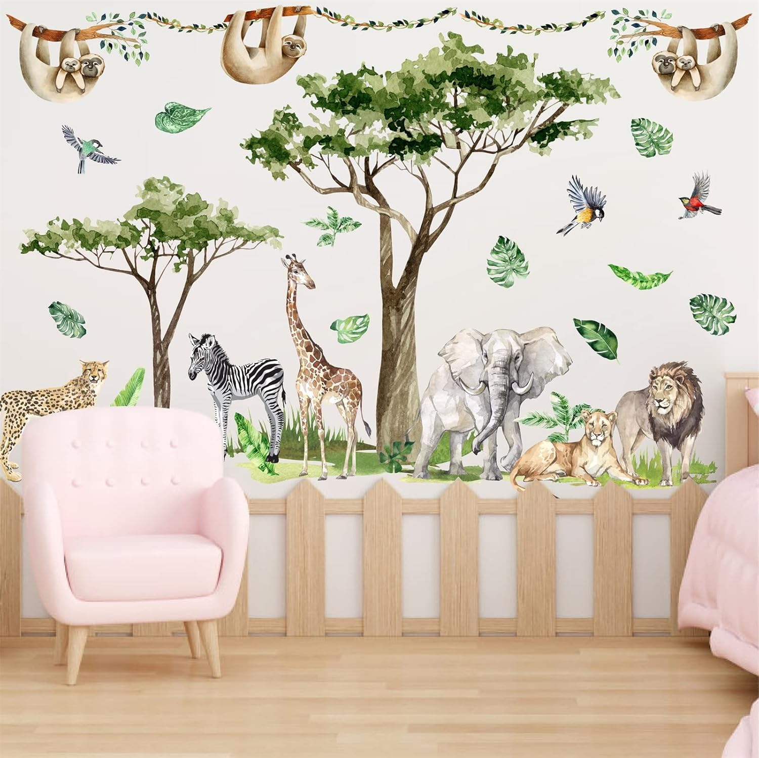 Jungle Animal Wall Decals - Safari and Wild Animal Wall Stickers for Nursery, Living Room, Bedroom - Large Zoo Animal Decor with Jungle Tree Forest Theme
