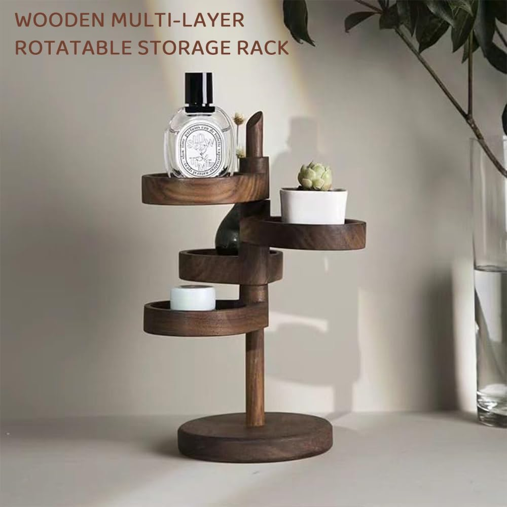JIUSEGE Spiral Wooden Display Stand, Multi-Tier Rotating Organizer with 4 Adjustable 360&deg; Shelves, Space-Saving Jewelry Storage Rack for Home Decor, Brown