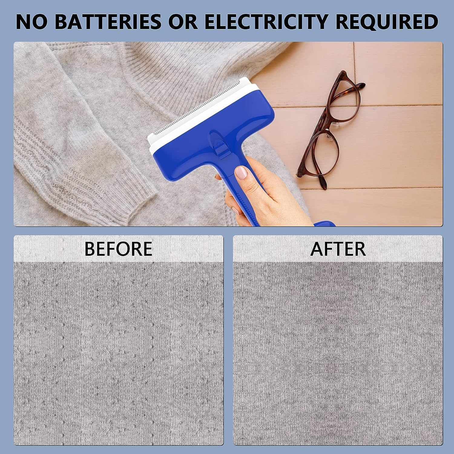 Fabric Shaver & Lint Brush, Battery-Free Lint Remover with 2 Pieces Fabric Safe Edges, Adjustable Fuzz Remover for Clothing, Pet Carpets, Couch, Furniture & Rug (Blue) image number 1