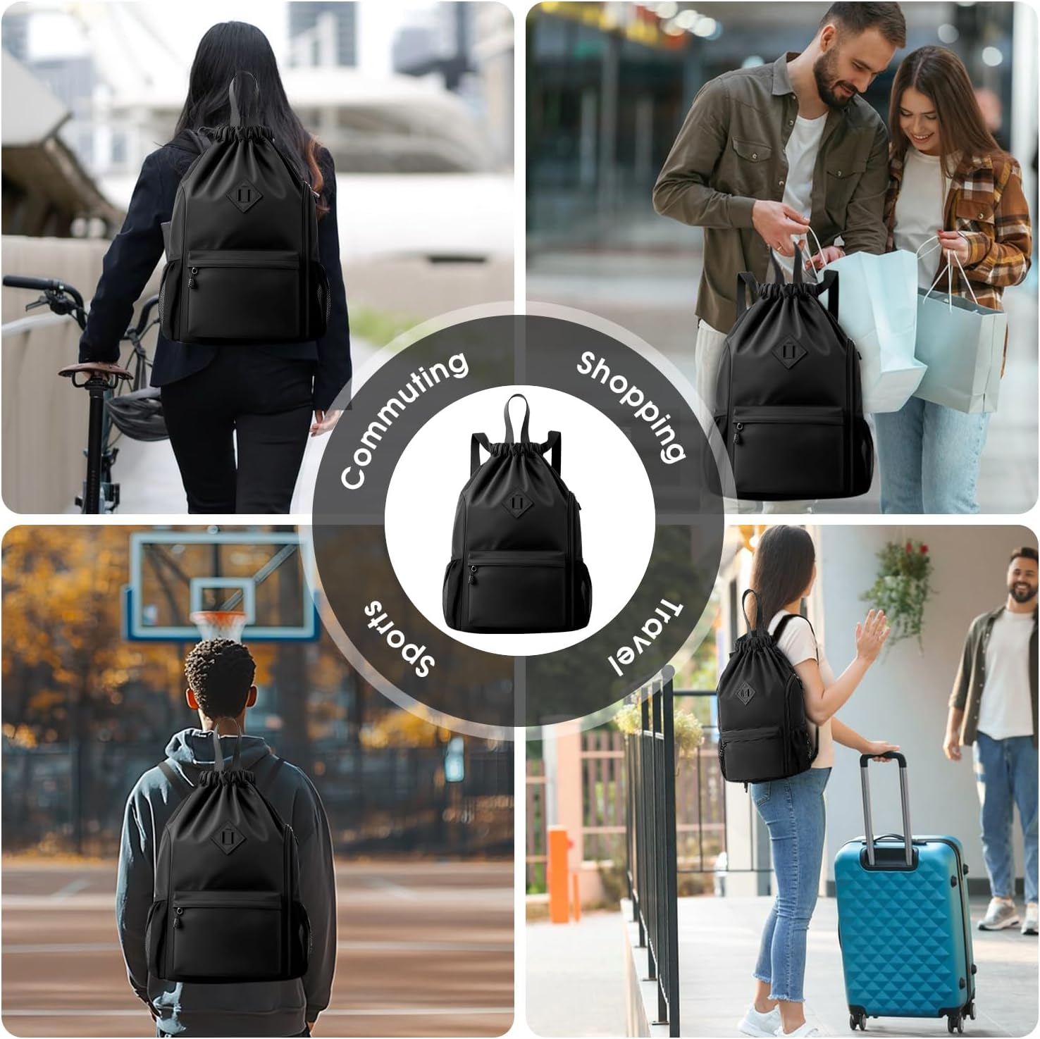 Sonicefit Drawstring Backpack Sports Gym Bag, Water-Resistant String Bag Cinch Bag with Shoe Compartment & Side Pockets for Adults Kids, Lightweight Sackpack for Yoga Beach Swimming Travel - Grey image number 6