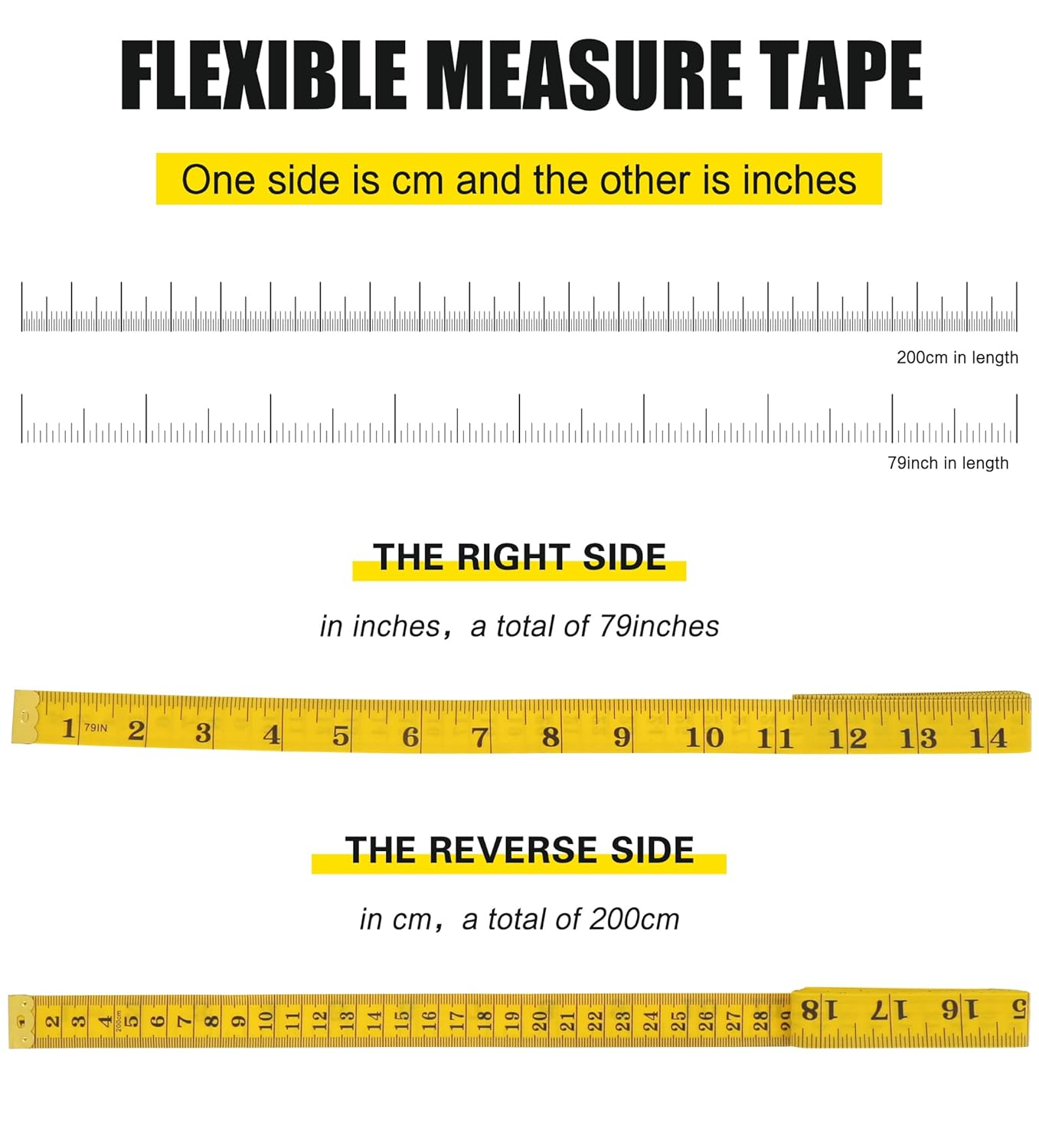 YBVABE 200Cm Measuring Tape for Body, 2PCS Double Scale 80In Soft Tape Measure Body Sewing Flexible for Weight Loss Medical Body Measurement Sewing Tailor Craft Vinyl, Has Inches Scale on Reverse Side image number 2