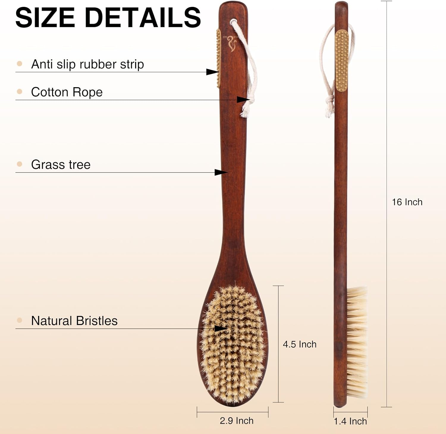 NENO CICI Wooden Bath Brush with Stiff Sisal Bristles Long Handle for Shower Back Scrubber Body Exfoliator (Stiff Sisal Fiber Hair) image number 3
