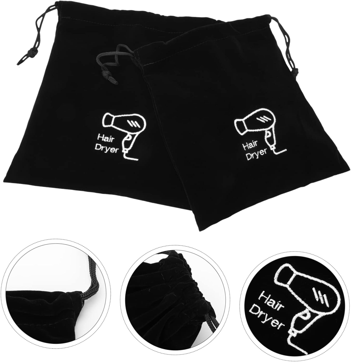 Outanaya 2Pcs Hair Dryer Storage Bag Black Drawstring Pouch Multifunctional Organizer for Travel Home Hotel Use Dustproof Velvet image number 1