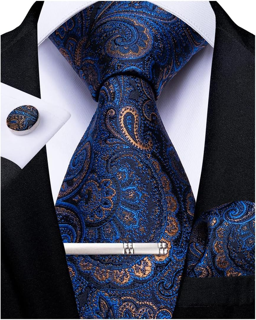 Dibangu Men'S Necktie Handkerchief Silk Paisley Floral Tie Pocket Square Cufflinks Tie Clip Set