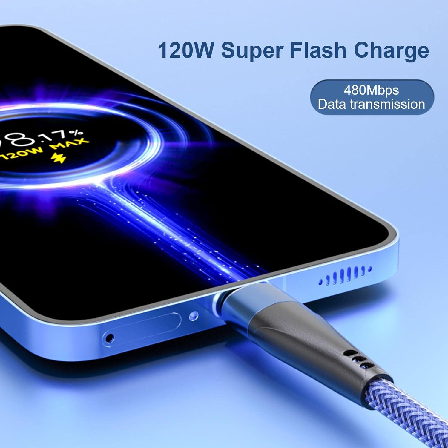 Type C Charging Cable | Car Charging Quick Phone Wire,Built-In Sensor, Nylon Braided, Phone Accessories with 10A, 120W for Type C Port Device Smartphone Shwing image number 1