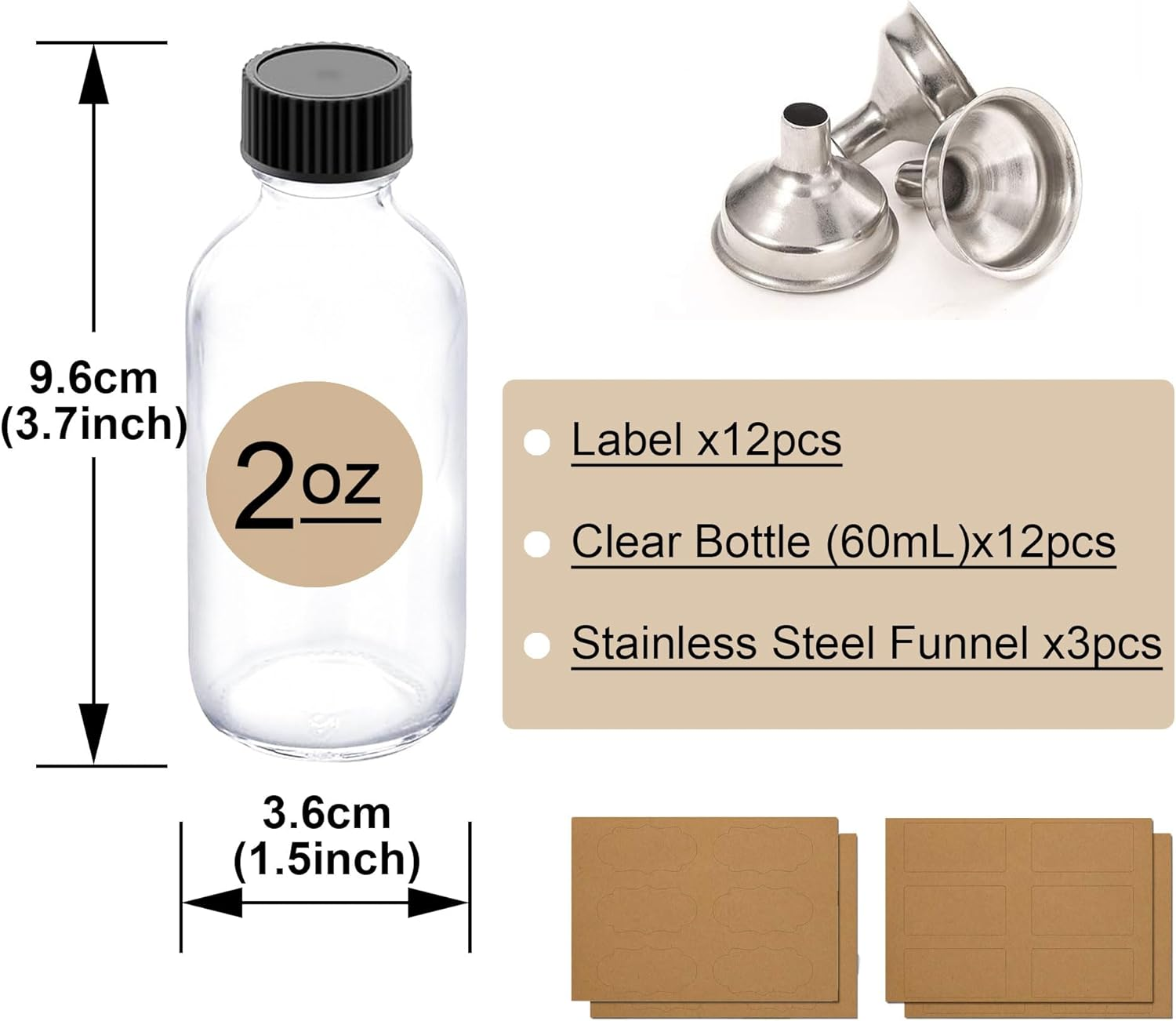 12&times;2 Oz Small Clear Glass Bottles with Lid & 3 Stainless Steel Funnels - 60Ml Boston Sample Bottles - Mini Travel Essential or Decorative Bottles for Potion, Juice, Ginger Shots, Whiskey (12) image number 1