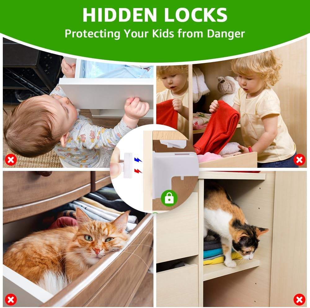 AUTOWT 12 Pack Magnetic Cabinet Locks for Kids - Child Safety Latches - Baby Proofing Cabinets and Drawer Locks for Kitchen Cupboard with 3M Adhesive - Easy Installation No Drilling & No Tools Required image number 4