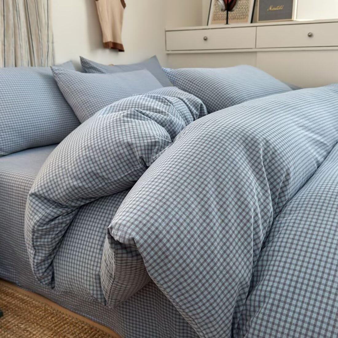 Pinkmemory Olive Green Striped Duvet Cover Queen 100% Washed Cotton Dark Green Stripe Duvet Cover Set Full 3Pcs Pinstripe Pattern Bedding Set with Zipper Closure Corner Ties,Soft Breathable