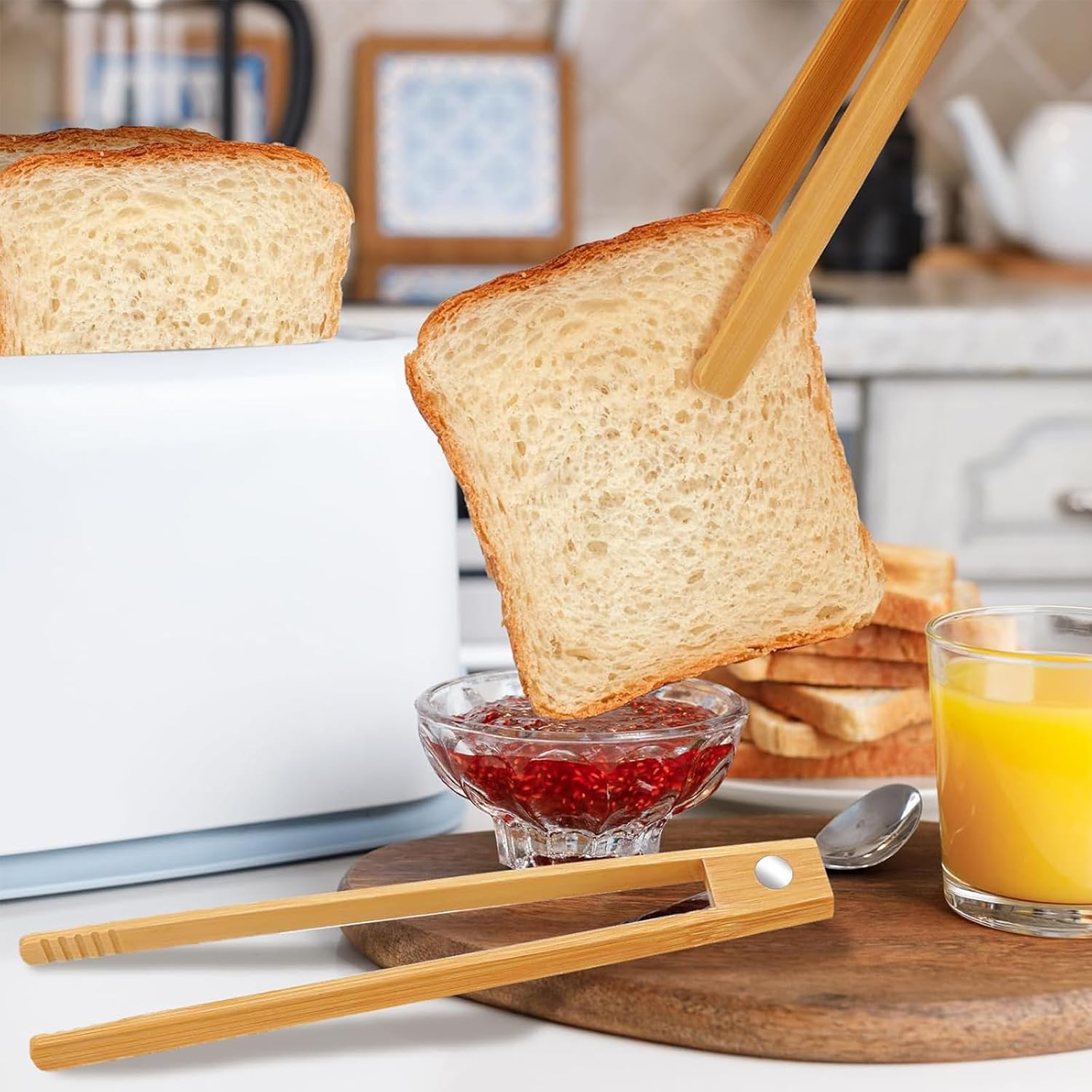 Zalizr 2 Pcs Bamboo Toast Tongs with Magnet, 21 CM Natural Bamboo Tongs for Toaster, Space-Saving Modern Kitchen Utensil, Heat Resistant Magnetic Kitchen Accessory for Cooking image number 3