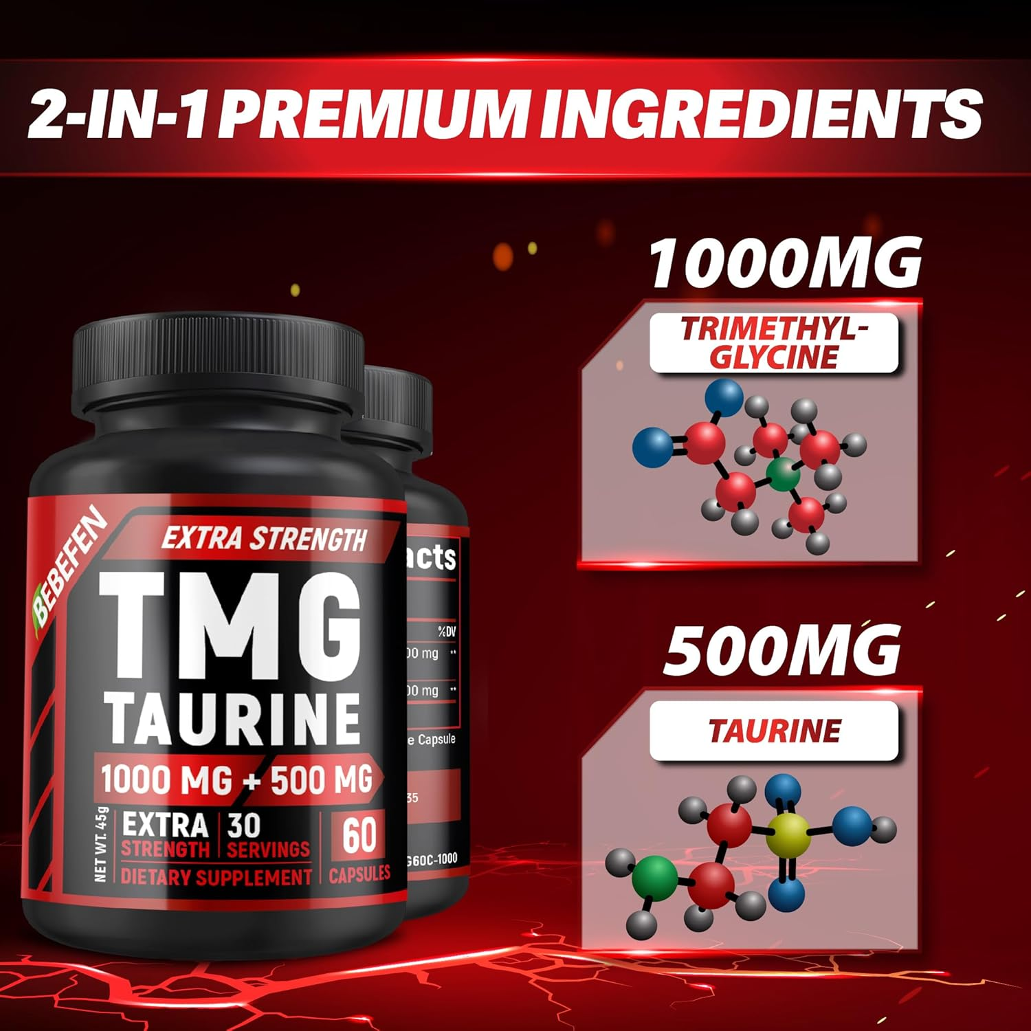 TMG Trimethylglycine 1000 Mg with Taurine 500 Mg Supplement &ndash; Non-Gmo, Gluten Free (60 Capsules) image number 3