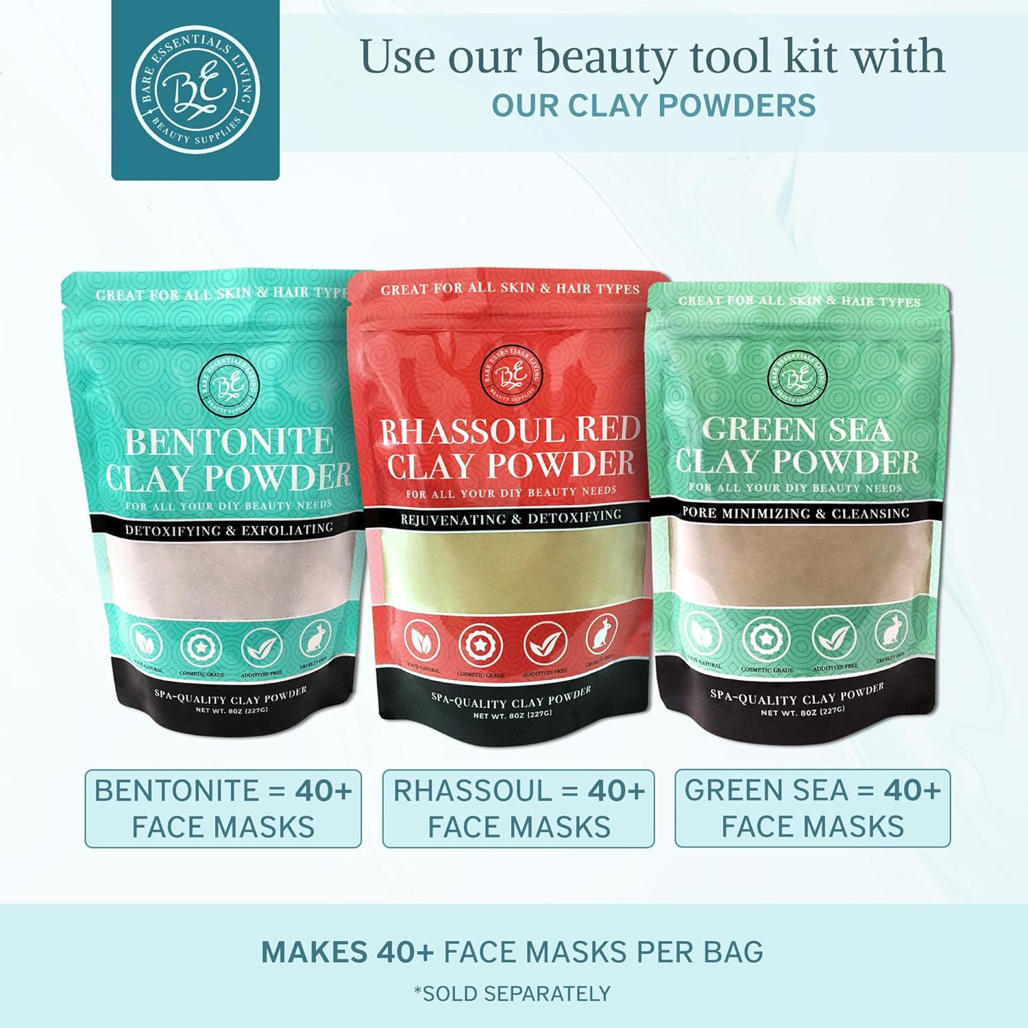 Bare Essentials Living - Clay Face Mask Mixing Bowl Set, Skin Care Kit Facial Bowls with Bamboo Lid, Face Mask Spoon, & Dual Sided Face Mask Brush Applicator for DIY Facials & Hair Mask (Blue Floral) image number 4