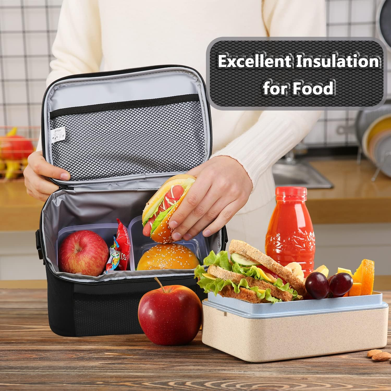 ONTESY Black Lunch Box for Men Women, Solid Color Insulated Bag for Work School Picnic Foldable Medium Size Leakproof Cooler for Kids Boys Girls with Adjustable Shoulder Strap for - 7.2L - Black image number 4
