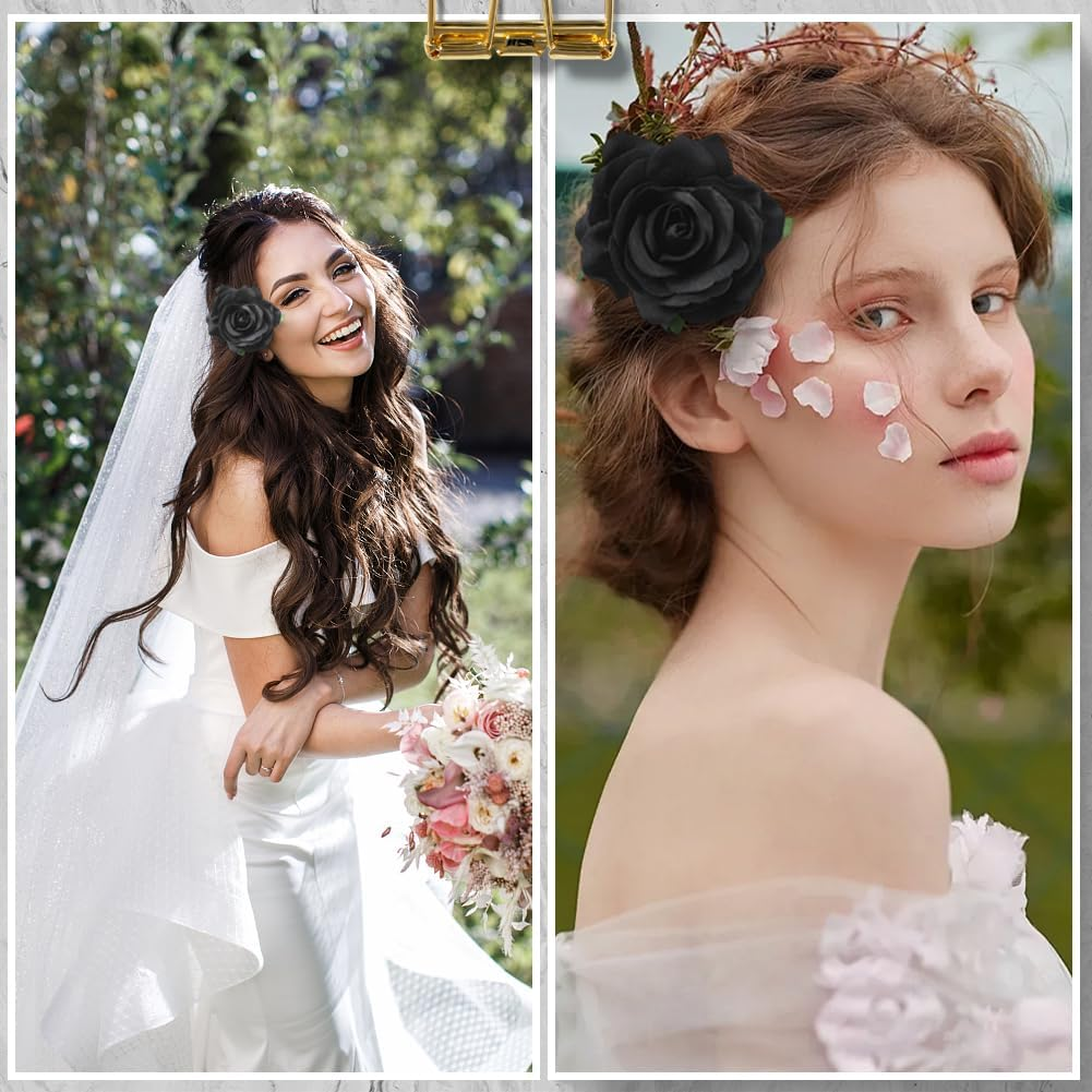 SOFPLATE Pack of 4 Black Rose Hair Clips Flowers Hair Brooch 2 in 1 Fabric Flower Clips Brooches Hats Bags Clothing Hair Pins Decoration Accessories for Wedding Party Halloween Fancy Dress Accessories