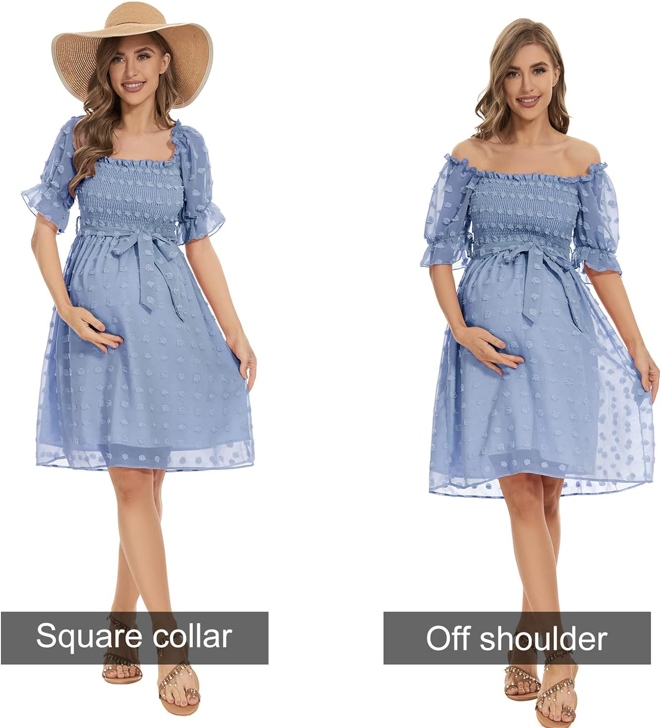 Boho Flutter Short Sleeve V-Neck Maternity Midi Dress for Baby Shower/Photoshoot/Holiday，Swiss Dot Maternity Dress image number 4