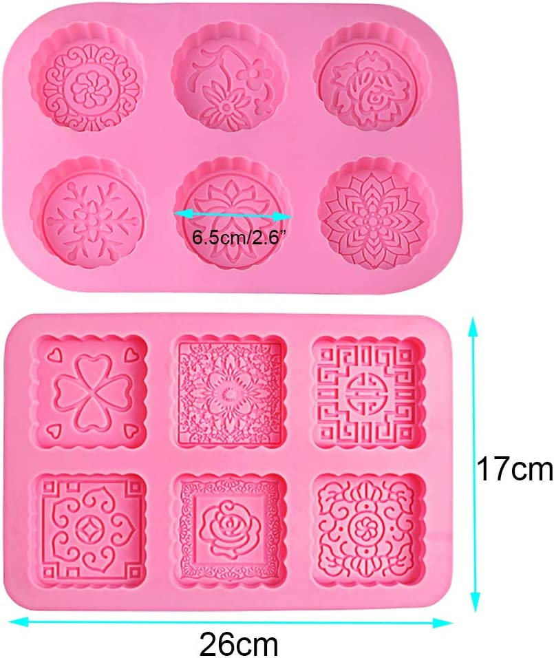 Soap Mold Silicone for Soap Making 2 Pcs, 6 Cavity Cupcake Mold round and Square Mooncake Pattern for DIY Handmade Craft (Pink) image number 5