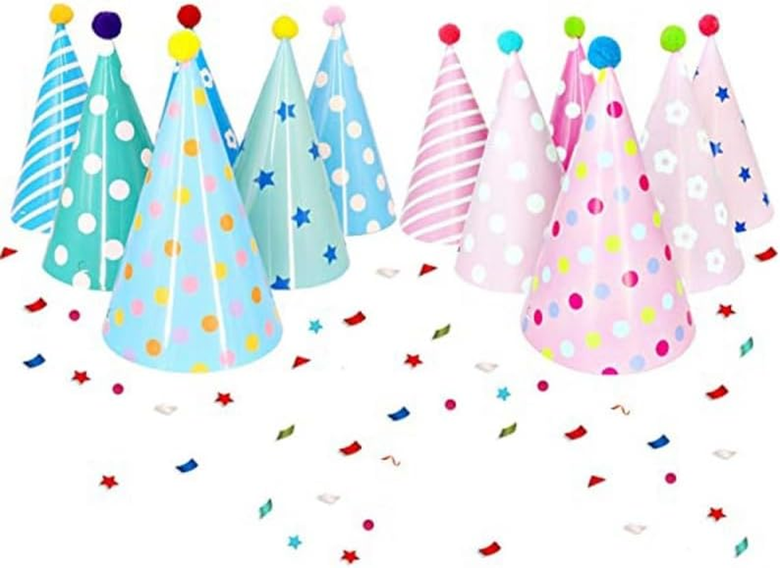 12 Pcs Party Hats Birthday Cone Hats DIY Party Hat with Pom Poms,Lovely Birthday Cake Cone Paper Hats Headbands Decoration DIY Activity Kit image number 5