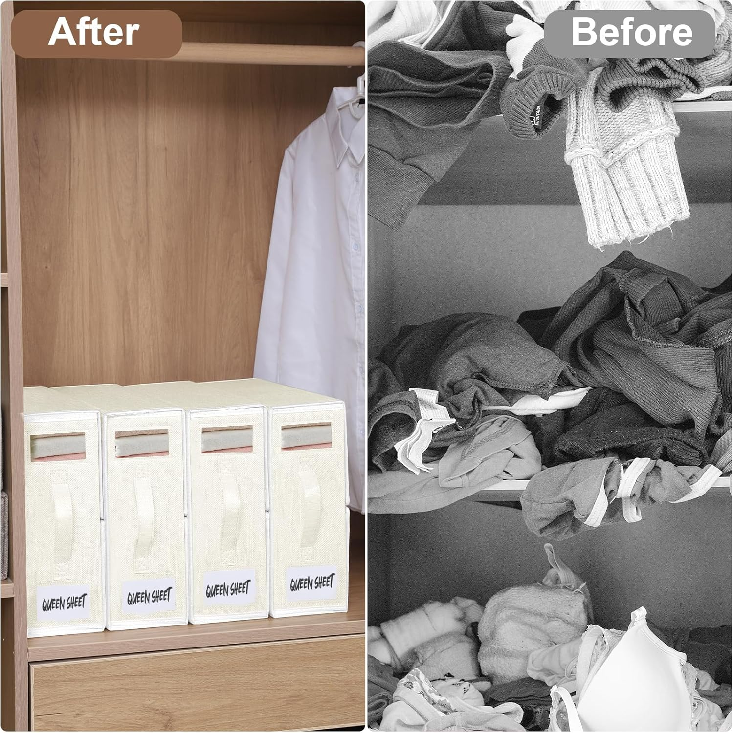 2 Pack Bed Sheet Organiser Storage, Foldable Linen Storage Box with Handles and Labels for Bedding & Linen(Queen and King Size), Bedsheet Organiser with Window for Sheets, Duvet Cover, Beige image number 6