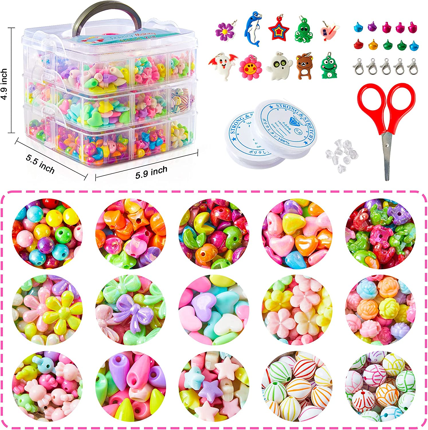 Beads for Kids Crafts, 1100 Jewelry Making Bead Kit Includes Scissor, String, Instruction and Accessories for Bracelet Making, Toys for Girls by Inscraft