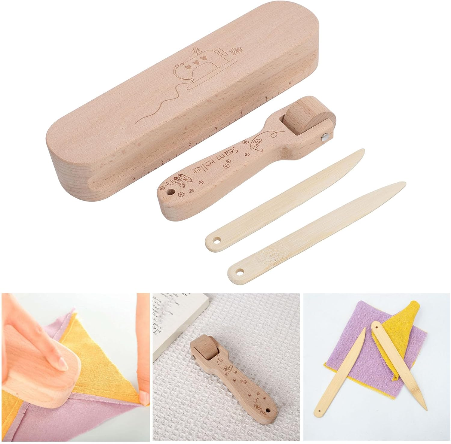 4Pcs Beechwood Seam Roller & Point Turner, Tailors Clapper, Sewing Tool for Flattening Fabrics and Point Pressing, Multipurpose Wooden Tools for Sewing, Quilting, Ironing image number 3