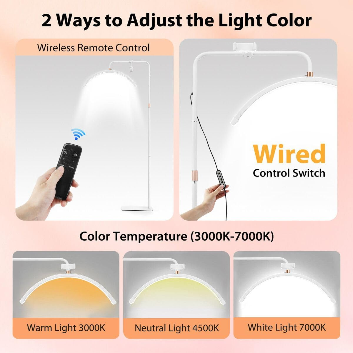 AUSWAY LED Beauty Floor Lamp Fill Light Half Moon for Lash Extensions Salon Tattoo Eyelash Spa Facial Nail Skincare Makeup Tool Adjustable Brightness with Remote White image number 4