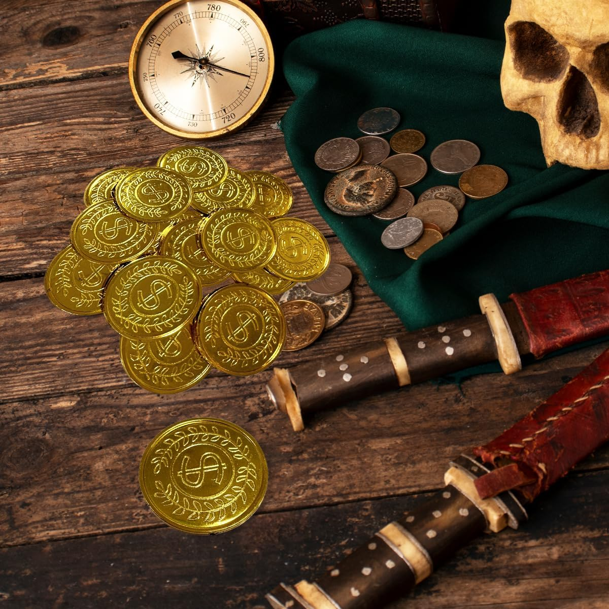 WELANE Gold Coins, 100 PCS Plastic Pirate Coins for Party, Treasure Hunt Game, Classroom Reward (3.5Cm/1.37In) image number 1