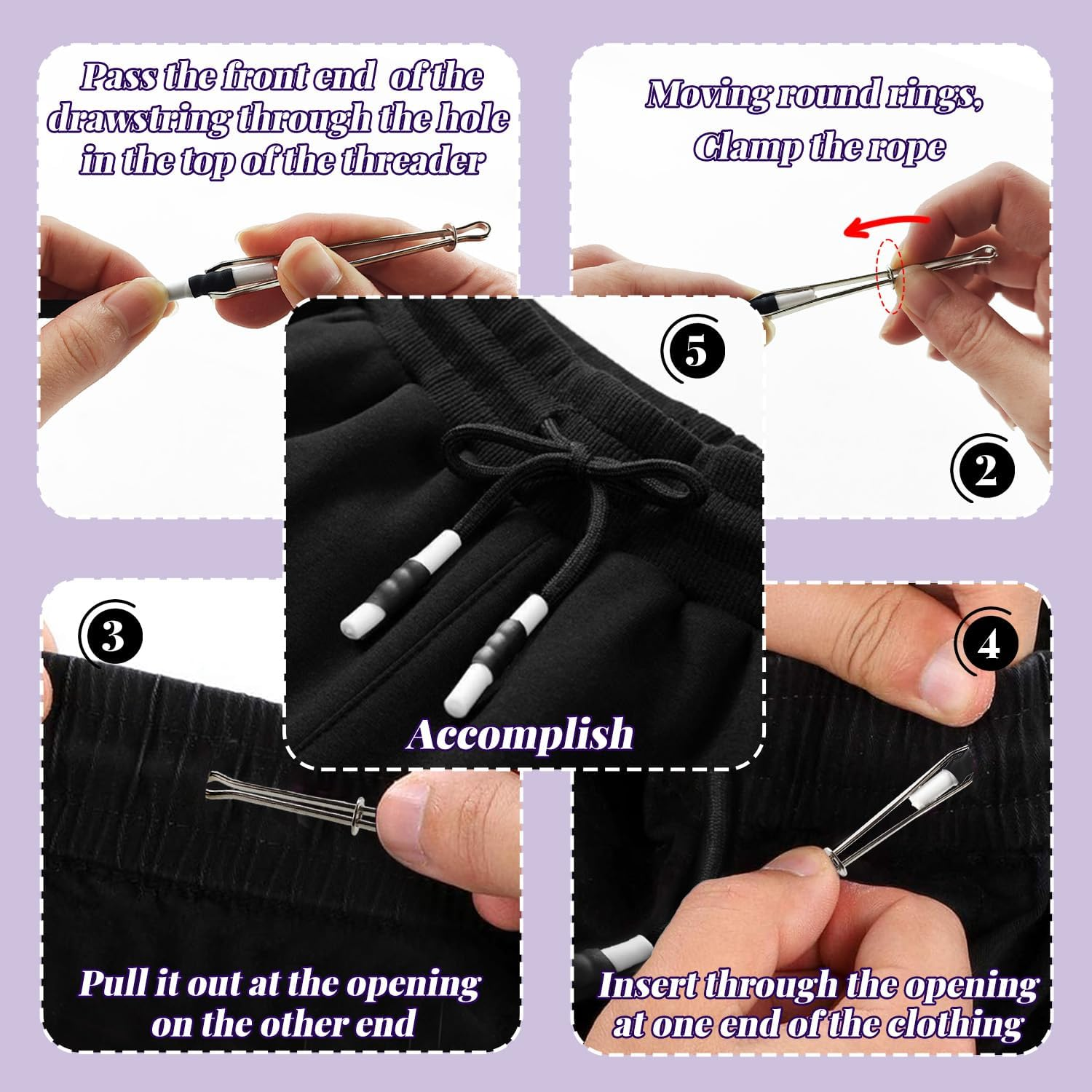 WALWAL 2 Pack 51 Inch Replacement Drawstrings Cotton Drawstring Cord, Suitable for Sweatpants Hoodies Shorts, with Threader Tool(Black,Cylindrical) image number 1