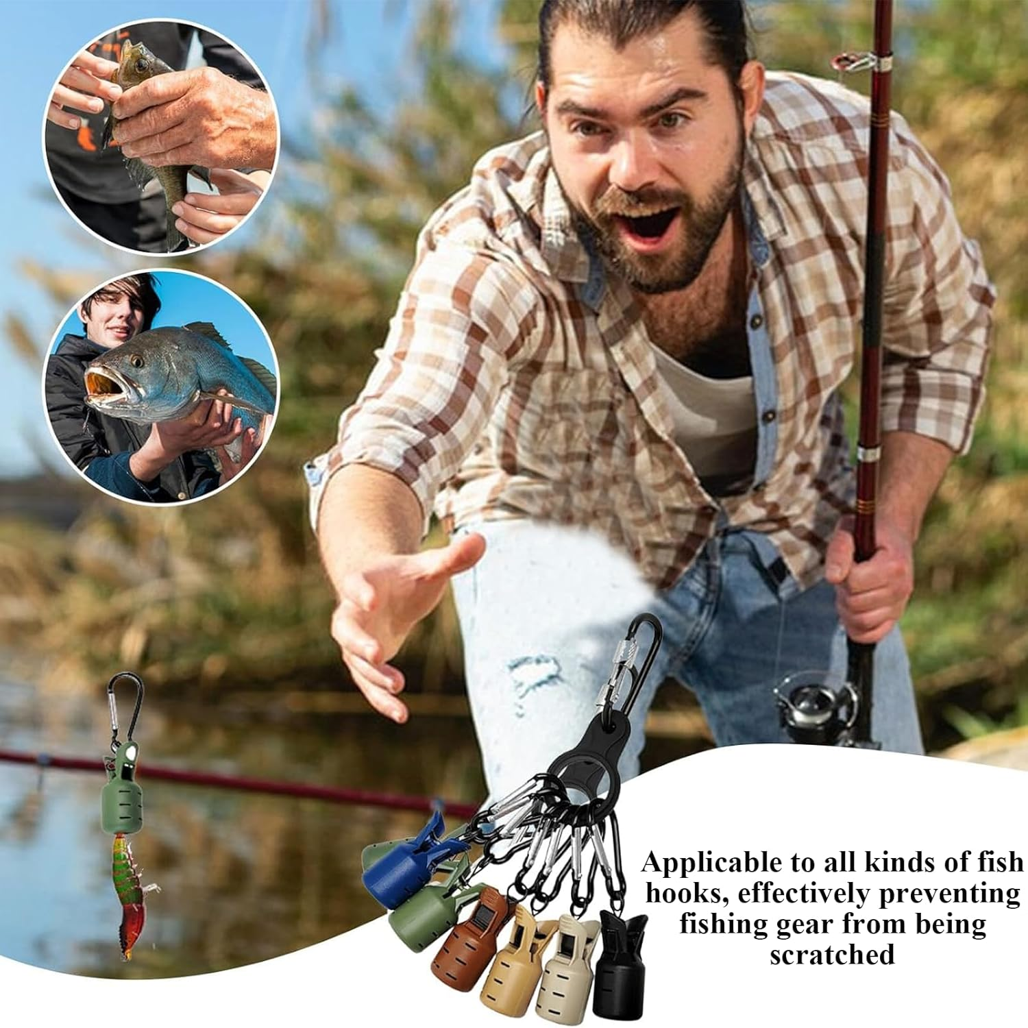 Rhoyee 6PCS Squid Jig Hook Covers with Carabiner &ndash; Durable Lure Safety Protectors for Fishing Bait & Squid Hooks, Universal Fit Hook Guard Case for Saltwater & Freshwater Anglers