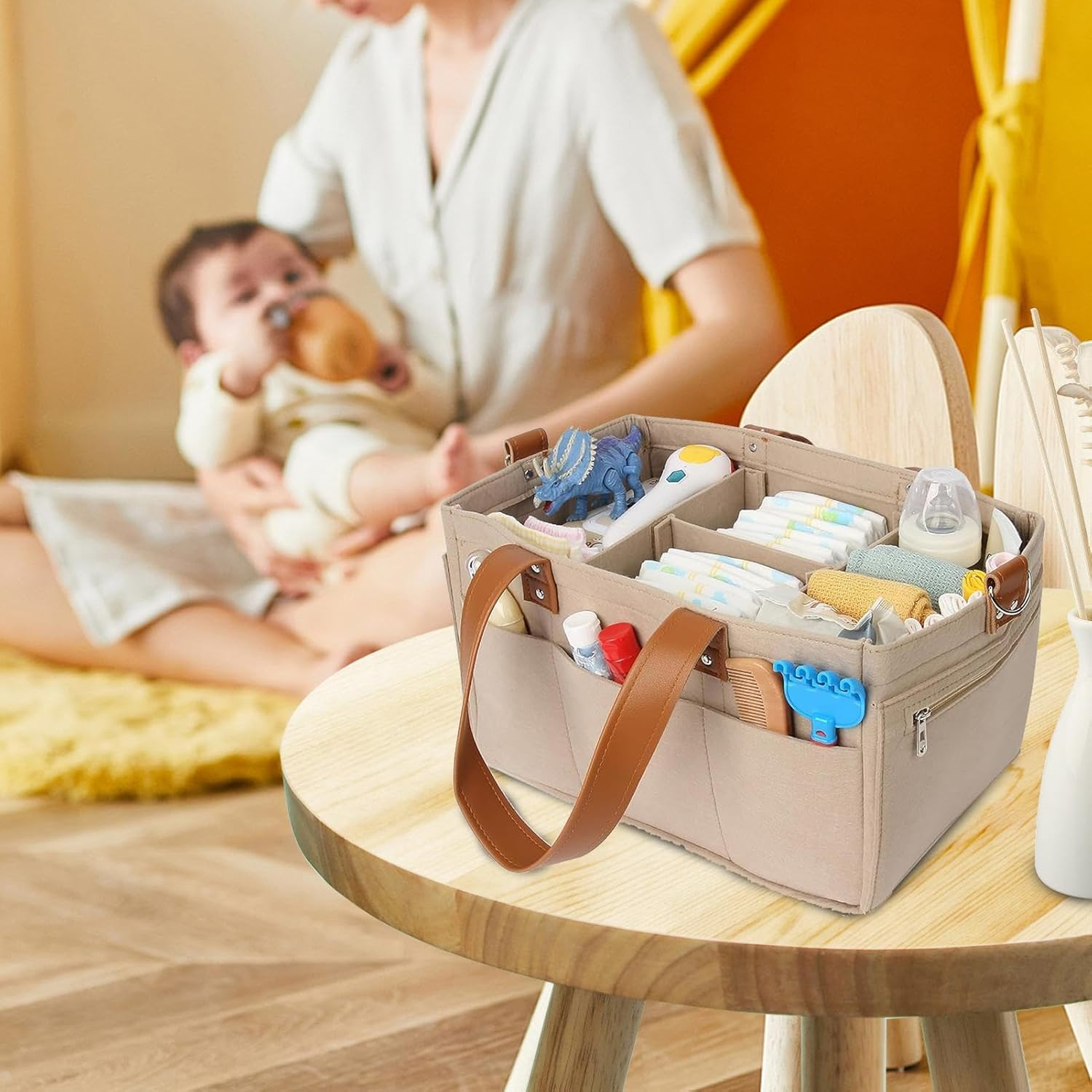 Diaper Bag - Nappy Storage Organiser, Large Capacity Felt Nappy Changing Bag, Portable Storage Basket for Nursery Utensils image number 5