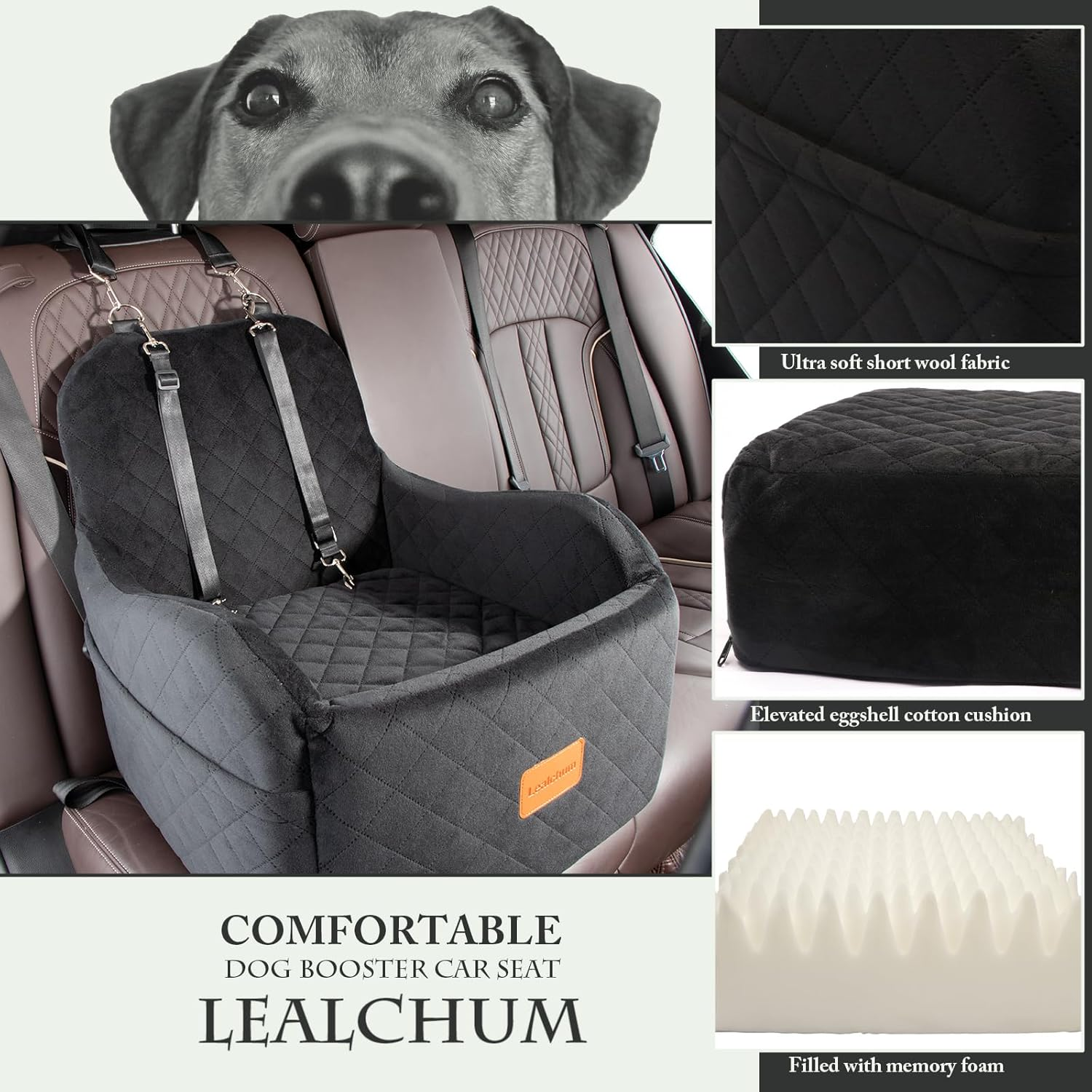 Lealchum Dog Booster Car Seat for Small/Medium Dogs up to 35Lbs,Elevated Cushion Fits in Front/Back Seat,Fully Detachable and Washable,2 Storage Pockets & Dog Leashes,Easy to Install(Black,Medium) - Black image number 6