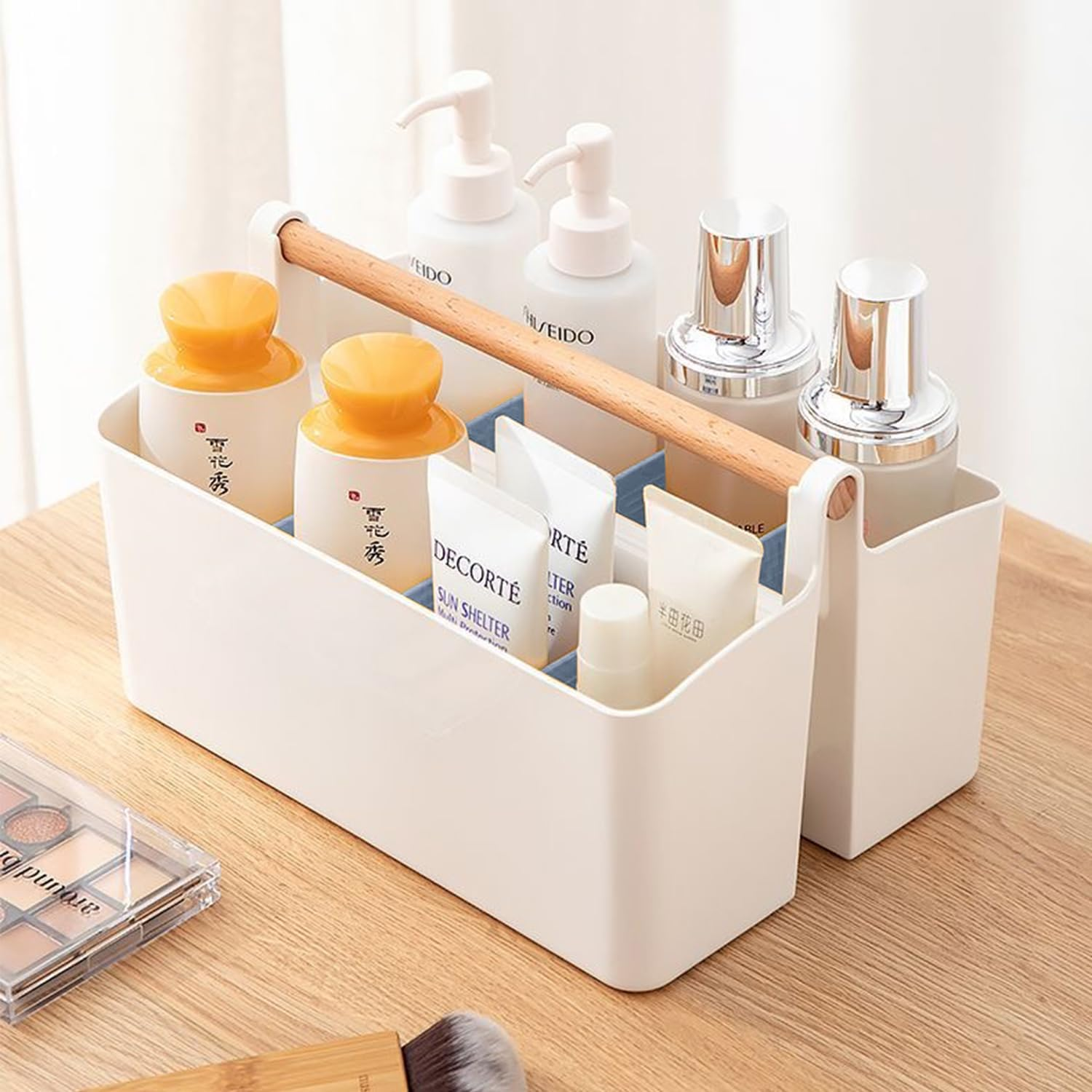 KAIGITE Large Portable Plastic Caddy with Handle, Adjustable Dividers Basket Storage Organizer Bin for Makeup, Art Supplies, Crafts, Stationery (Large Size) image number 1