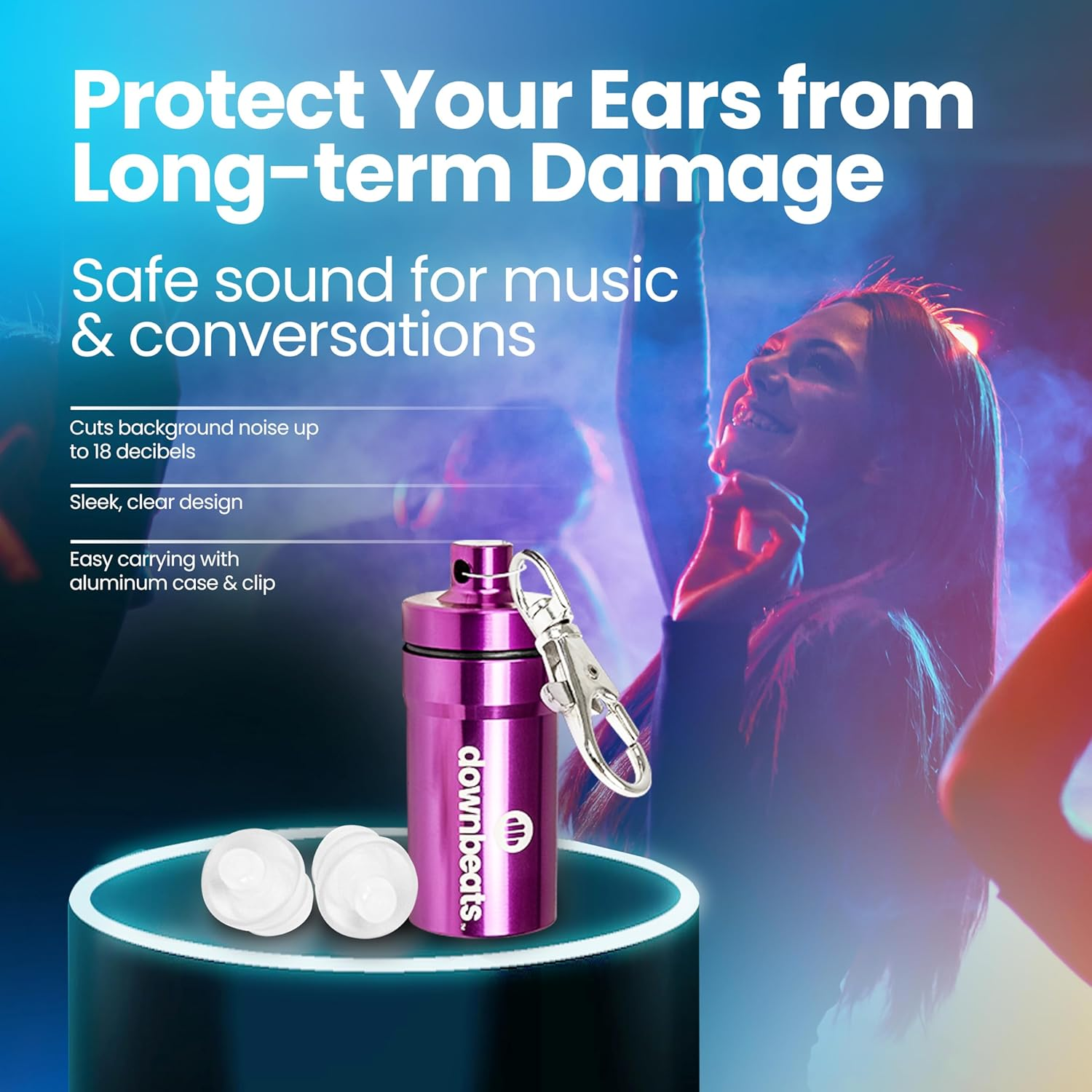 Downbeats Reusable High Fidelity Hearing Protection: Ear Plugs for Concerts, Music, and Musicians (Purple Case)