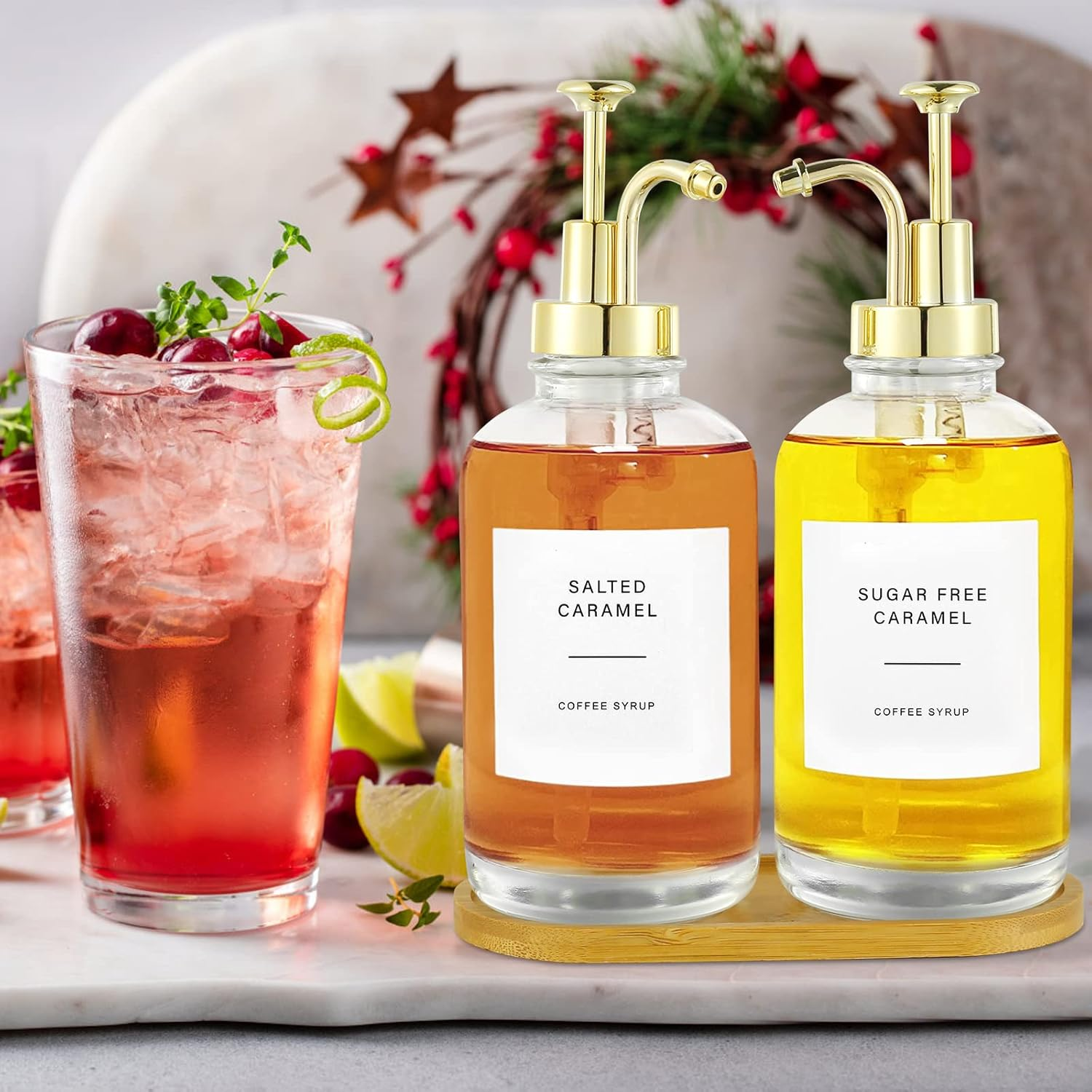 2 Pcs Glass Syrup Bottle with Pump-500Ml/16.9Oz, Dispenser Set with Bamboo Tray Labels Funnel, Clear Syrup Pump Dispenser, Bottle for Coffee Bar Home 3.2 X 8.7In (Gold) image number 6