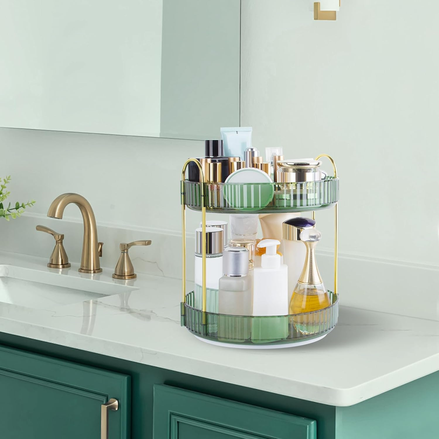 360 Rotating Makeup Organizer for Vanity, 2 Tier Perfume Skincare Organizers and Storage for Bathroom Countertop, Large Capacity Clear Spinning Counter Cosmetic Holder for Dresser, Green