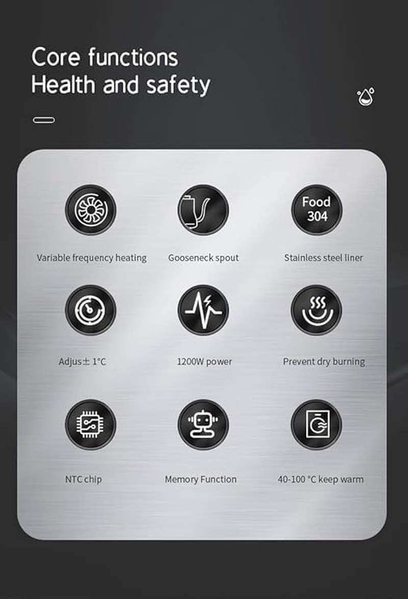 Electric Gooseneck Kettle with Temperature Control, 0.9L Stainless Steel Electric Kettle for Coffee and Tea, Pour over Rapid Heating Quick Boiling image number 2