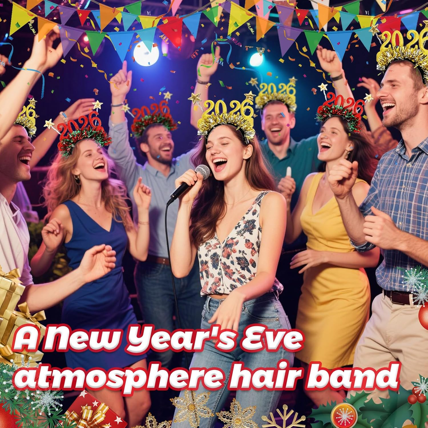 Oneroomone Pack of 2 Headband Christmas Photo Props 2026, 2026 Happy New Year Headband - 2 Pieces Festive Colour Stripes Headdress 2026 - Christmas Accessories Decorations (Gold/Red)