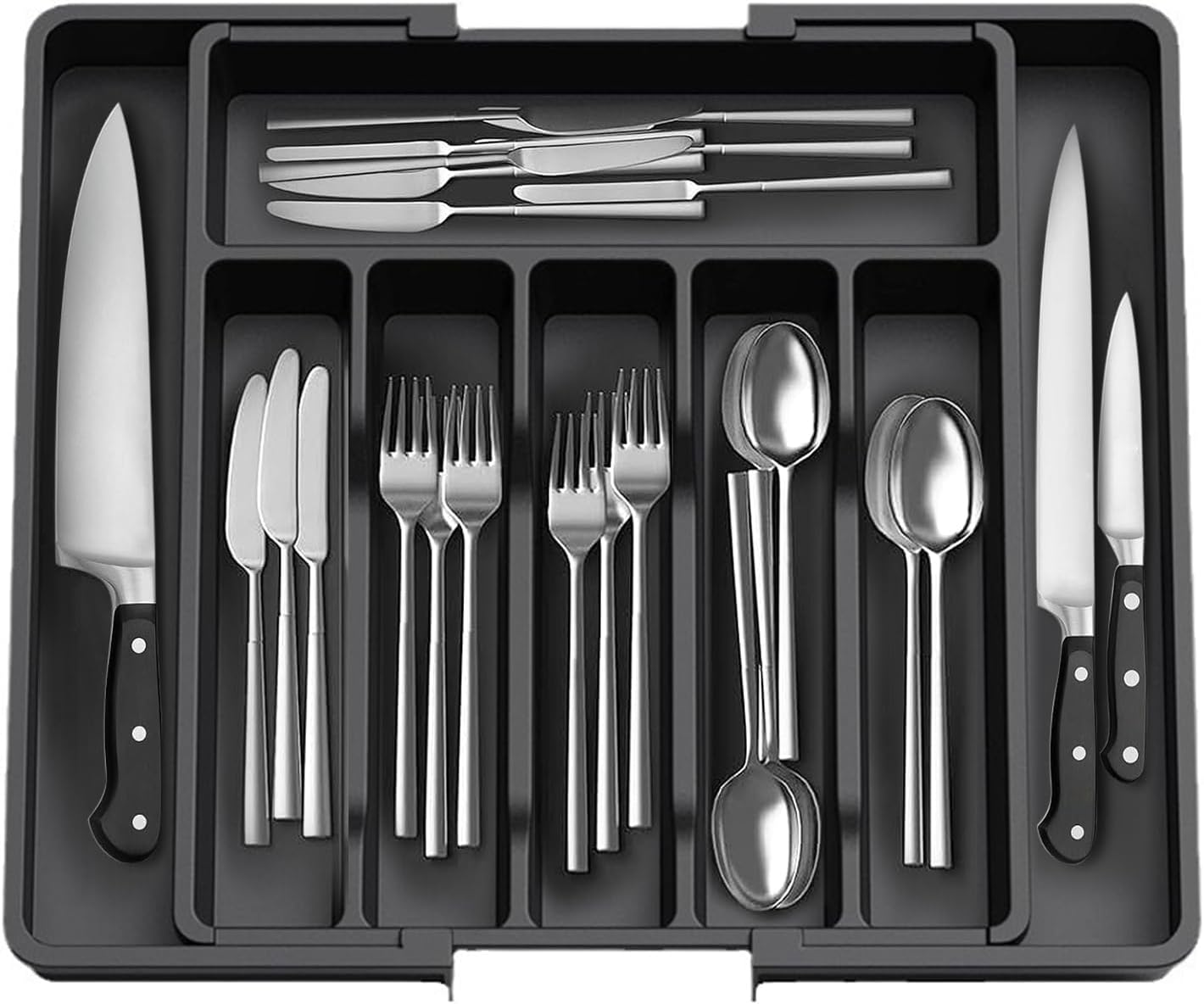 Expandable Kitchen Drawer Organizer &ndash; Large Black Cutlery Tray 33-57Cm &ndash; Adjustable Utensil Holder &ndash; 8 Compartments &ndash; Water-Resistant Plastic Storage for Silverware, Spoons, Forks, Knives & Gadgets image number 2