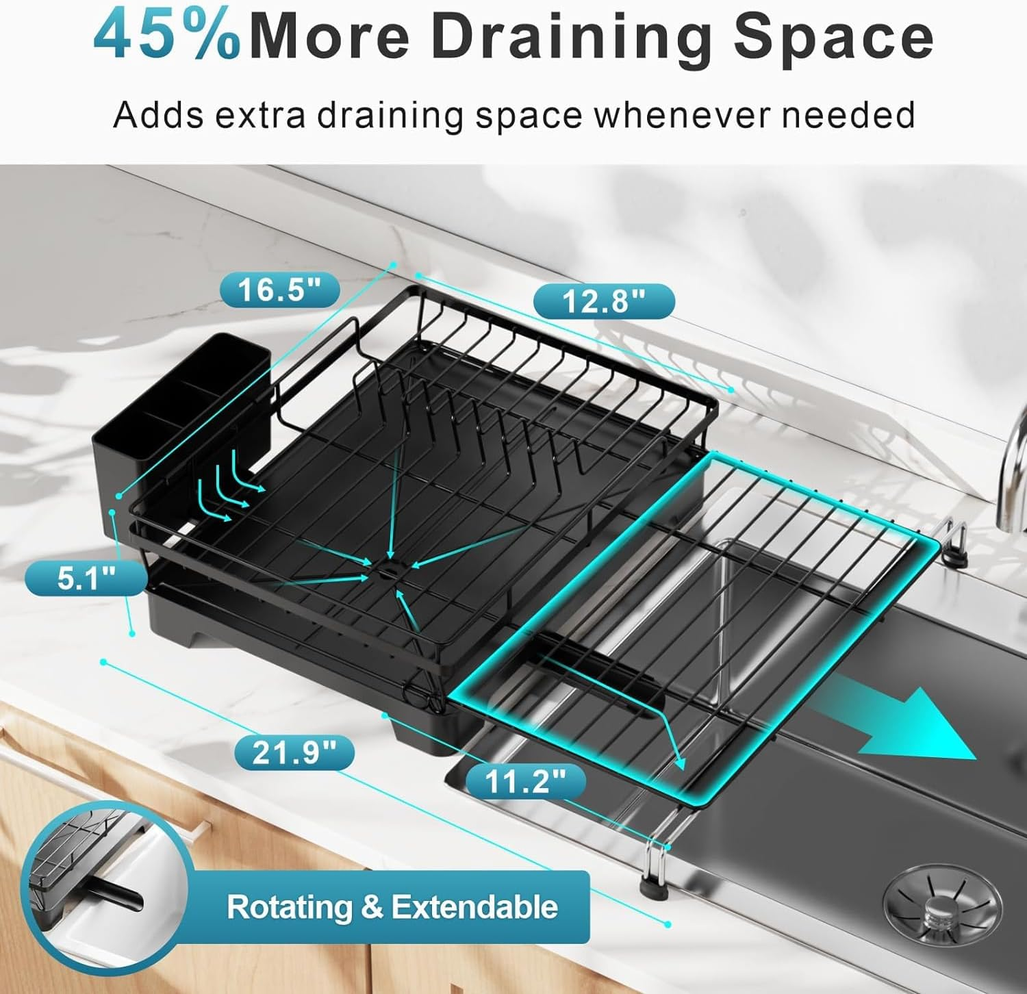 Dish Drying Rack with Drainboard - Expandable 2-In-1 Dish Drainer with Swivel Drainage Spout, Rust-Resistant Dish Rack with Pan Slots and Cutlery Holder for Kitchen Counter and Sink, Black