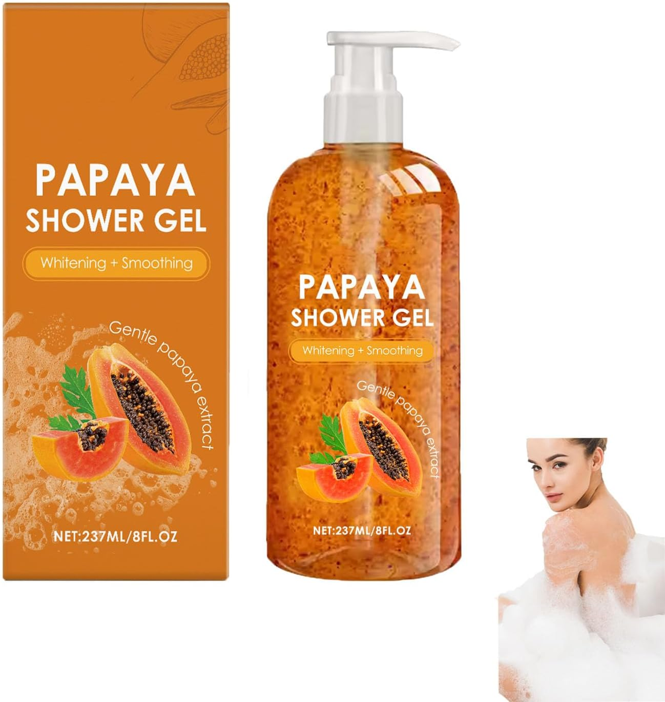 Papaya Shower Gel, Deeply Cleansing and Exfoliating, Whitening Smoothing Body Wash, Light Texture, Nourishing & Moisturizing Shower, Gentle Brightening, Fresher Long Time Fragrance (1Pcs)