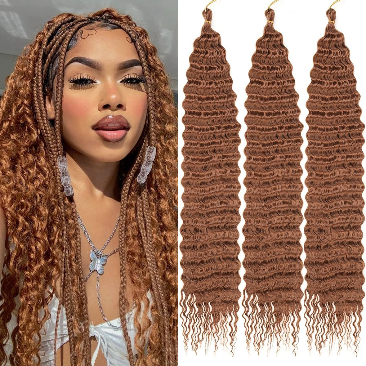 Kachanaa 30 Inch Pre-Separate Deep Wave Braiding Hair Extensions for Goddess River Braids 3 Pack Synthetic Ocean Wave Crochet Hair for Boho Box Braids Blonde EZ Braiding Hair /27#